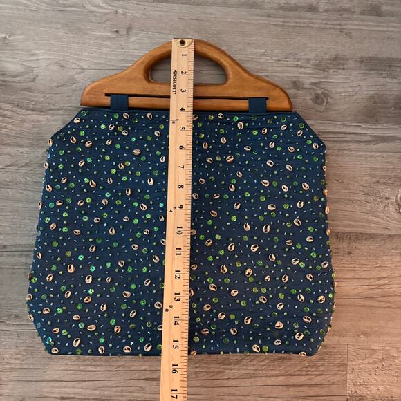 Vtg Doctor Bag Blue Satin Seashell Sequin Wood Top Handle Tote Retro Funky - Picture 8 of 10